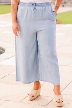 Chic Soul plus size clothing, light denim pant with wide leg and drawstring waist Wide Leg Bottoms With Comfort Waistband For Elevated Casual, Spring Wide Leg Pants With Pockets For Elevated Casual, Versatile Bottoms With Elastic Waistband And Relaxed Fit, Light Wash Wide Leg Pull-on Bottoms, Versatile Relaxed Fit Cropped Pants, Wide Leg Tencel Pants With Pockets, Spring High-waisted Pants With Comfort Waistband, Elevated Casual Summer Pants, Denim Blue Tencel Straight Leg Bottoms