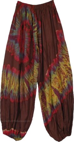 Extra Long version for the tall - for a comfortable summer, these tie dye brown rayon pants are very boho and stylish! With a swirl pattern of tie-dye, it brings out a unique look to the overall style.  These pants abound in comfort and freedom due to their wide-leg construction. #tlb #SplitSkirtsPants #Tall #TieDye #bohemianfashion #BigandTallPants #BigandTallgypsyhippiepants Hippie Style Brown Festival Bottoms, Hippie Style Brown Bottoms For Festival, Brown Hippie Bottoms For Festival, Hippie Style Brown Bottoms For Spring, Bohemian Brown Harem Pants For Summer, Bohemian Brown Harem Pants For Spring, Summer Bohemian Brown Harem Pants, Hippie Style Brown Summer Pants, Hippie Brown Summer Pants