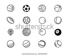 a collection of different types of balls in black and white