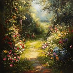 an oil painting of a path in the woods with flowers and trees on either side