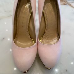 Charlotte Olympia Dolly Pale Pink Suede Shoes With Gold Platform. These Have Been Worn Once And In Great Condition Elegant Low Heel Platform Court Shoes, Chic Wedding Shoes With Reinforced Heel And Round Toe, Pink Closed Toe Heels For Galas, Chic Wedding Shoes With Platform And Pointed Toe, Chic Pink Round Toe Wedding Shoes, Elegant Pink Wedge Heels, Feminine Gold Heels With Round Toe, Feminine Gold Round Toe Heels, Gold Feminine Round Toe Heels