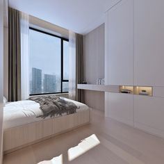 a bedroom with a large window overlooking the cityscape, and a bed that has a blanket on it