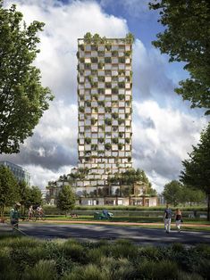 a tall building with lots of plants growing on it's sides and people walking around