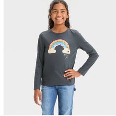 Brand New Girls' Long Sleeve 'Rainbow' Graphic T-Shirt - Cat & Jack Charcoal Gray L Playful Rainbow Print Top, Playful Rainbow Print Crew Neck Top, Playful Crew Neck Top With Rainbow Print, Playful Long Sleeve Rainbow Top, Fun Rainbow Print Tops, Playful Cotton Tops With Rainbow Print, Playful Cotton Top With Rainbow Print, Rainbow Cotton Top For Fall, Cute Cotton Tops With Rainbow Print