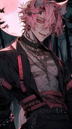 an anime character with pink hair and black clothes standing in front of a full moon