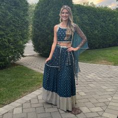 Worn Once To A Wedding. Size Large. For Reference, I Am 5’11 And Usually Wear S On Top And M In Bottom. Size 4 Dress. I Wore Flats And The Skirt Was The Perfect Length. The Top Was Slightly Large For Me ( I Usually Wear A Small ) And It Was Taken In Slightly By Hand On The Back. The Stitching Can Be Taken Off If Needed. Bought At An Indian Store In Person For $300. Almost Brand New Condition. Festive Blue Wedding Skirt, Blue Fitted Skirt For Festive Occasions, Traditional Blue Wedding Skirt, Blue Fitted Festive Skirt, Festive Fitted Blue Skirt, Festive Blue Fitted Skirt, Blue Lengha Choli, Navy Blue Lengha, Blue Lengha