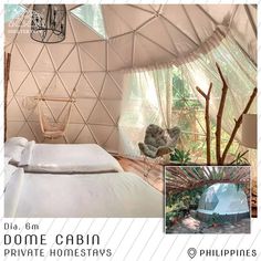 an advertisement for a private home stay in a geoglyic dome with hammock