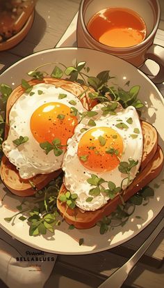 two fried eggs are on top of toast and garnished with green leafy leaves