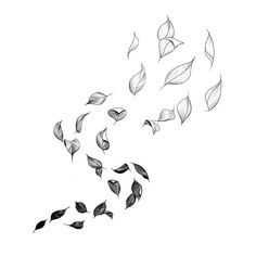 black and white drawing of leaves flying in the air