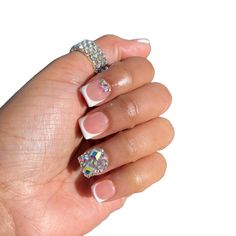 Chrome White Acrylic Nails, Cute Birthday Nails Acrylic Short, Cute White Tip Nails, Nails Acrylic Black Short, Short French Tip With Rhinestones, Bling Short Acrylic Nails, White Short Nails With Designs, French Tip Nails With Bling, Kids Acrylic Nails Short