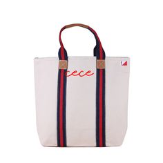 Monogrammed Society Tote Bag - The Well Appointed House Red Canvas Bag With Leather Handles, Navy Bags With Leather Trim For Everyday Use, Navy Bag With Leather Trim For Everyday, Red Canvas Bag With Canvas Lining, Navy Rectangular Canvas Bag, Navy Tote Bag With Canvas Lining, Red Canvas Bags, Beaded Bag, Pocket Mirror