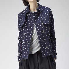 Thakoon Addition Polka Dot Short Trench Jacket In Navy Blue. Bought In Barneys. Worn Twice. Like New Condition. Polka Dot Outerwear For Spring Workwear, Spring Polka Dot Outerwear For Work, Casual Polka Dot Outerwear For Spring, Polka Dot Shorts, Trench Jacket, Navy Blue Color, Polka Dot, Polka Dots, Color Blue