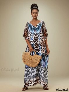 Olivia Mark - Womens Plus Size Boho Cover Up Dress in Leopard & Zebra Print: Bat Sleeve V-Neck with Slight Stretch Casual Leopard Print V-neck Maxi Dress, Leopard Print V-neck Beach Dress, Bohemian Leopard Print Beach Dress, Leopard Print Vacation Dresses, Bohemian Leopard Print Vacation Dress, Leopard Print V-neck Maxi Dress For Vacation, Casual Leopard Print Maxi Dress With V-neck, Bat Sleeves, Plus Size Boho