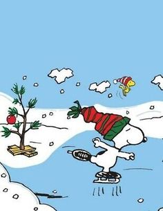 a charlie brown christmas card with snoop and his dog skating on the snow covered ground