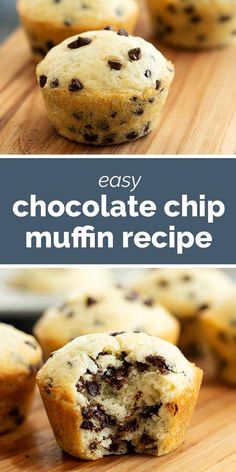 chocolate chip muffins on a cutting board with text overlay reading easy chocolate chip muffin recipe