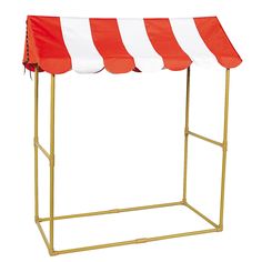 a red and white striped awning on top of a metal stand with gold legs