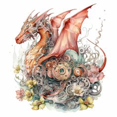 a watercolor drawing of a dragon with gears and flowers on it's back