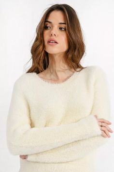 Round Neckline Soft, Fuzzy Fabrication Long Sleeves Hand Wash, Dry Flat 67% Acrylic, 33% Polyamide Color: Cream Packaged and Shipped from Indianapolis, IN Length: 53cm model is wearing size small Round Neck Sweater, Fuzzy Sweater, Club Shirts, Round Neck Sweaters, Social Club, Winter White, Jeans Black, White Sweaters, Knitted Sweater