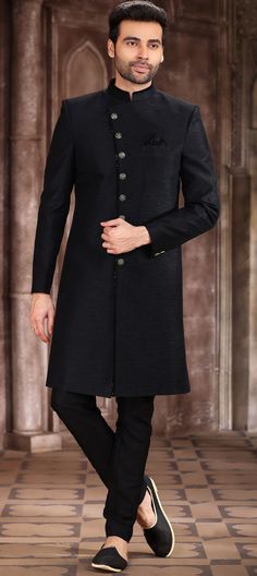 Wedding Black and Grey color Art Silk fabric Sherwani : 1886923 Black Sherwani, Sherwani Groom, Tailored Fashion, Wedding Sherwani, Wedding Black, Silk Wedding, Color Art, Thread Work, Black Wedding