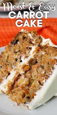 a close up of a piece of carrot cake on a plate with text overlay