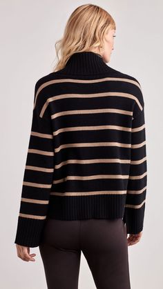 Our Striped Cowl Neck Sweater features an oversized neckline and bell sleeves, making this classic sweater a fashion must-have. With chic styling and a timeless stripe design, this will be one of your favorite sweaters in your wardrobe. Bell Sleeve Ribbed Cuffs & Hemline Sleeve Slit Black Striped Sweater Outfit, Turtle Neck Knit Sweater, Striped Oversized Sweater, Striped Sweater Outfit, Black Striped Sweater, Fashion Forward Outfits, Sweater Outfit, Striped Turtleneck, Heavy Knit