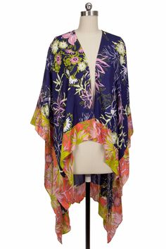 With its printed pattern, this Electric Summer Kimono will allow your style to take center stage. This is an excellent choice for days when you want to wear something warm and stylish. The open-front style with umbrella sleeves is both stylish and comfortable. This stylish kimono is made of high-quality fabric and looks great with boots and a stylish handbag. Material: 100% Rayon 2Ply Size: 52" x 68" Colorful Pattern Kimono For Spring Beach, Vibrant Spring Kimono With Vibrant Print, One Size Multicolor Floral Print Kimono, Multicolor Floral Print Kimono One Size, Colorful Spring Beach Kimono, Multicolor Shawl Kimono For Spring, Spring Shawl Kimono With Floral Print, Tropical Multicolor Floral Print Kimono, Floral Print Shawl Kimono For Spring