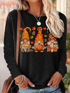 Shirts For Women Casual, Fall Gnomes, Red Theme, Thanksgiving Tee, Pumpkin Thanksgiving, Women's Outfits By Occasions, Long Sleeve Tops Casual, Pumpkin Print, Casual Tops For Women