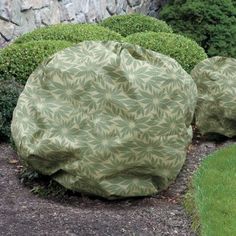 two large rocks sitting in the middle of a garden