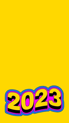 a yellow background with the number twenty three in blue, pink and purple on it