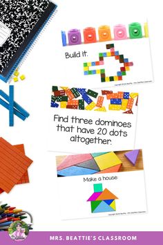 an assortment of different types of crafting materials with text overlay that reads build it find three dominoes that have 20 dots together