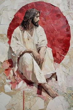 a painting of jesus sitting in front of a red circle with his hands on his knees