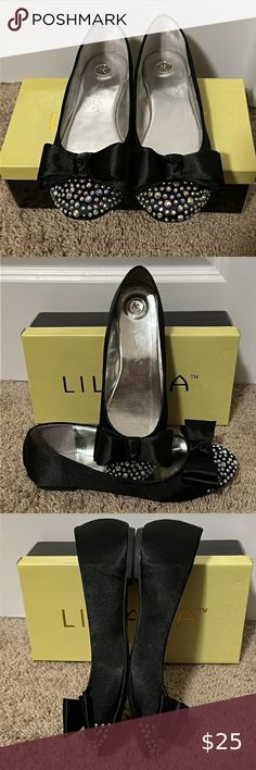 Liliana Black Satin Bow Rhinestones Ballerina Flats Size 7.5 New in Box Rhinestone Flats, Satin Bow, Ballerina Flats, Wonderful Day, Black Satin, The Social, The Next, Size 7, Satin