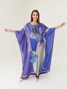 A full length kaftan made by blended silk and completed with art print inspired by simple abstract The fabric is easy to take care by both washing and ironing. It is smooth and silky. FEATURES - Vivid tone - abtract - Custom Length Kaftan - Full Length Kaftan Sleeves Kaftan - Luxury Design Silk Kaftan - Plus Size and Custom Length - Resort Wear, Beach Wear, Lounge Wear, Christmas Gift Idea - Boat/Crew Neck - Plus size kaftan -------------------------------- DETAIL  * The size can be adjusted to fit up to 5 XL. Bust/ Waist/ Hip up to 55 inches ( 105 inches full circumference) * Length of the kaftan could be max. 55 inches. All length will be custom made accordingly the personal-full-height (No extra fee charged for request to make longer, shorter or narrow both length and width) * It is imp Luxury Purple Art Silk Dress, Luxury Abstract Print Kaftan For Beach, Purple Kaftan, Kaftan Sleeves, Simple Abstract, Silk Kaftan, Hip Ups, Dress Silk, Luxury Dress