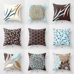 six pillows with different designs on them, all in various colors and sizes to choose from