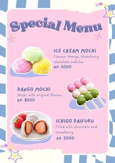 a menu with different types of desserts on it