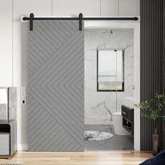 an open sliding door in a modern bathroom