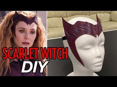 a woman with long red hair wearing a costume and headpiece that reads scarlet witch diy