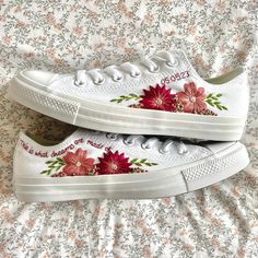 Fresh all white monochrome low top All Star Converse delicately hand embroidered with bold, bright flowers in any colours you choose and personalised with a name, date, initials or words of your choice. Each pair is hand made to order and stitched with high quality embroidery thread which is washable and fade resistant.  Optional extras include: Heel embroidery - Embroidery to the heel of the shoe (e.g. names/initials/date/flowers) Toe embroidery - A matching floral posy on the front tongue of t Date Flowers, G Names, All Star Converse, Star Converse, All Stars Converse, Bright Flowers, Womens Tie, Tie Shoes, All White