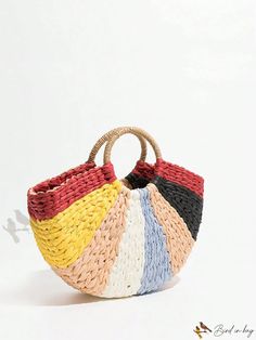 Bird in Bag - Portable Semi-Circular Color Block Womens Handbag for Teen Girls, Perfect for Outdoor, Travel, Outing, Shopping, Holiday Trendy Beach Bag With Round Handle, Trendy Beach Bag With Round Handle For Daily Use, Multicolor Large Capacity Handheld Straw Bag, Trendy Multicolor Bucket Bag With Handles, Multicolor Handheld Large Capacity Beach Bag, Trendy Multicolor Straw Bag With Handles, Multicolor Handheld Straw Bag For Shopping, Trendy Multicolor Handheld Bucket Bag, Multicolor Bucket Shoulder Bag For Summer