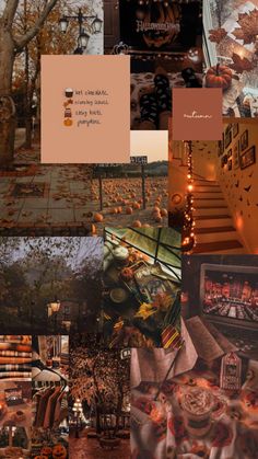 a collage of photos with pumpkins and candles