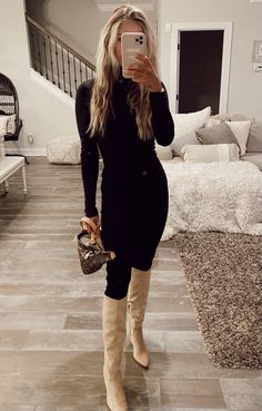 Outfit With Tan Boots, Calf Length Boots Outfit, Sweater Dress Outfit Black Women, Sweater Dress Tights, Sweater Dress Outfit Winter, Calf Length Boots, Dress Tights, Winter Cool, Cool Outfit Ideas