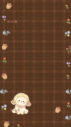 a teddy bear sitting on top of a brown checkered background with flowers and leaves