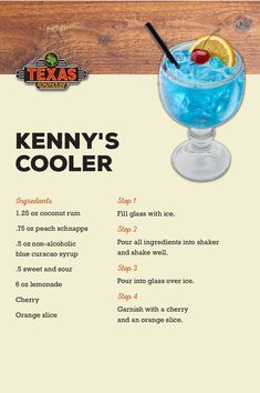 a menu for a drink called kenny's cooler with an image of a blue cocktail