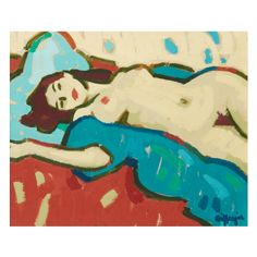 a painting of a woman laying on a bed with her arms around her body and head