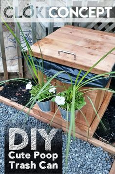 a wooden box with some plants in it and the words diy cute poop trash can