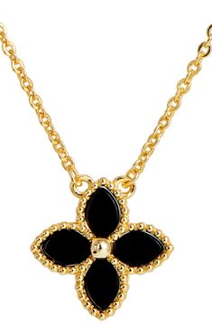 A lustrous yellow gold vermeil necklace with an onyx flower pendant offers elegant, feminine style. 18" length Clasp closure Yellow gold plated sterling silver, onyx Imported Elegant Black Flower Pendant Necklace, Elegant Black Necklace With Flower Pendant, Elegant Feminine Style, Elegant Feminine, Flower Pendant Necklace, Flower Pendant, Gold Plated Sterling Silver, Free Jewelry, Feminine Style