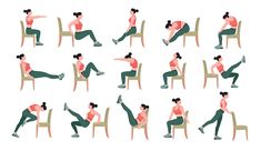 a woman doing various exercises on a chair