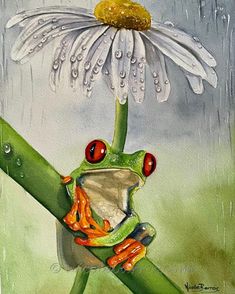 a painting of a frog sitting on top of a flower