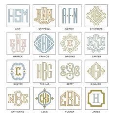 the different types of monograms are shown in various colors and font styles, including letters