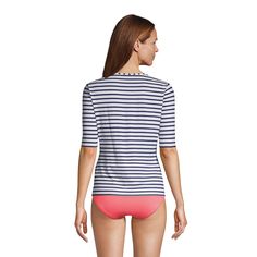 At Lands’ End we believe every body is a swimsuit body and everybody should feel confident in their swimwear. Our Women’s Crew Neck Elbow Sleeve Rash Guard Modest Swim Tee is no exception. Lightweight soft and just stretchy enough it’s designed to be worn over other swim suit tops letting you control the amount of coverage you want. Made with LYCRA Xtra Life spandex this suit is specially designed to keep its shape in and out of the water and hold up against chlorine sunscreen and sweat all summ Neck Rash, Rash On Neck, Spandex Suit, Swimsuit Body, Modest Swim, Tankini Swimsuits, Elbow Sleeve, Elbow Length Sleeve, Deep Sea